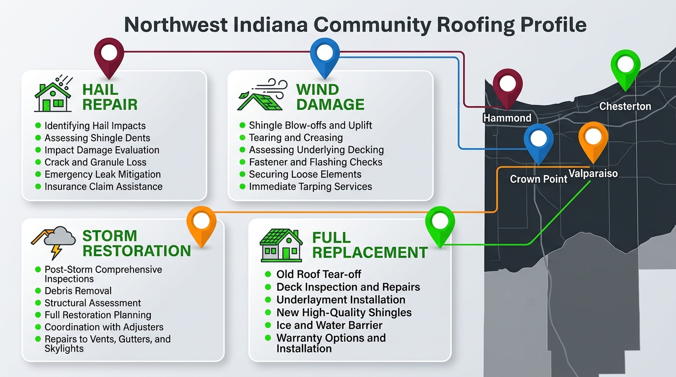 Infographic of Northwest Indiana roofing concerns for Valparaiso, Crown Point, Chesterton, and Hammond with common roofing needs like hail repair and wind damage repair.