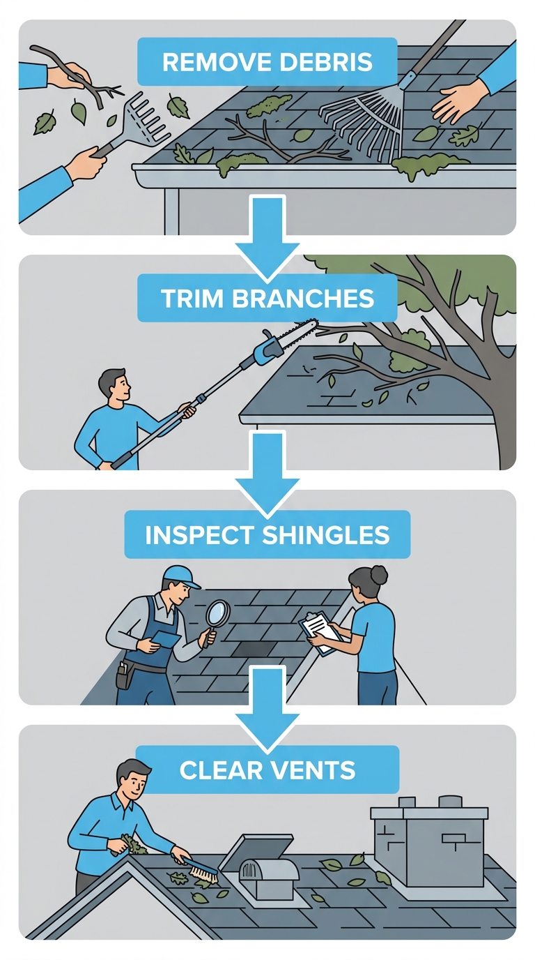 Vertical 4-step process diagram for Northwest Indiana homeowners: Step 1 removal; Step 2 trimming; Step 3 inspection; Step 4 cleaning