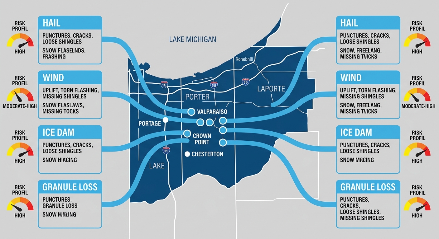 Infographic map of Northwest Indiana showing roofing concerns for Valparaiso, Crown Point, Portage, and Chesterton.
