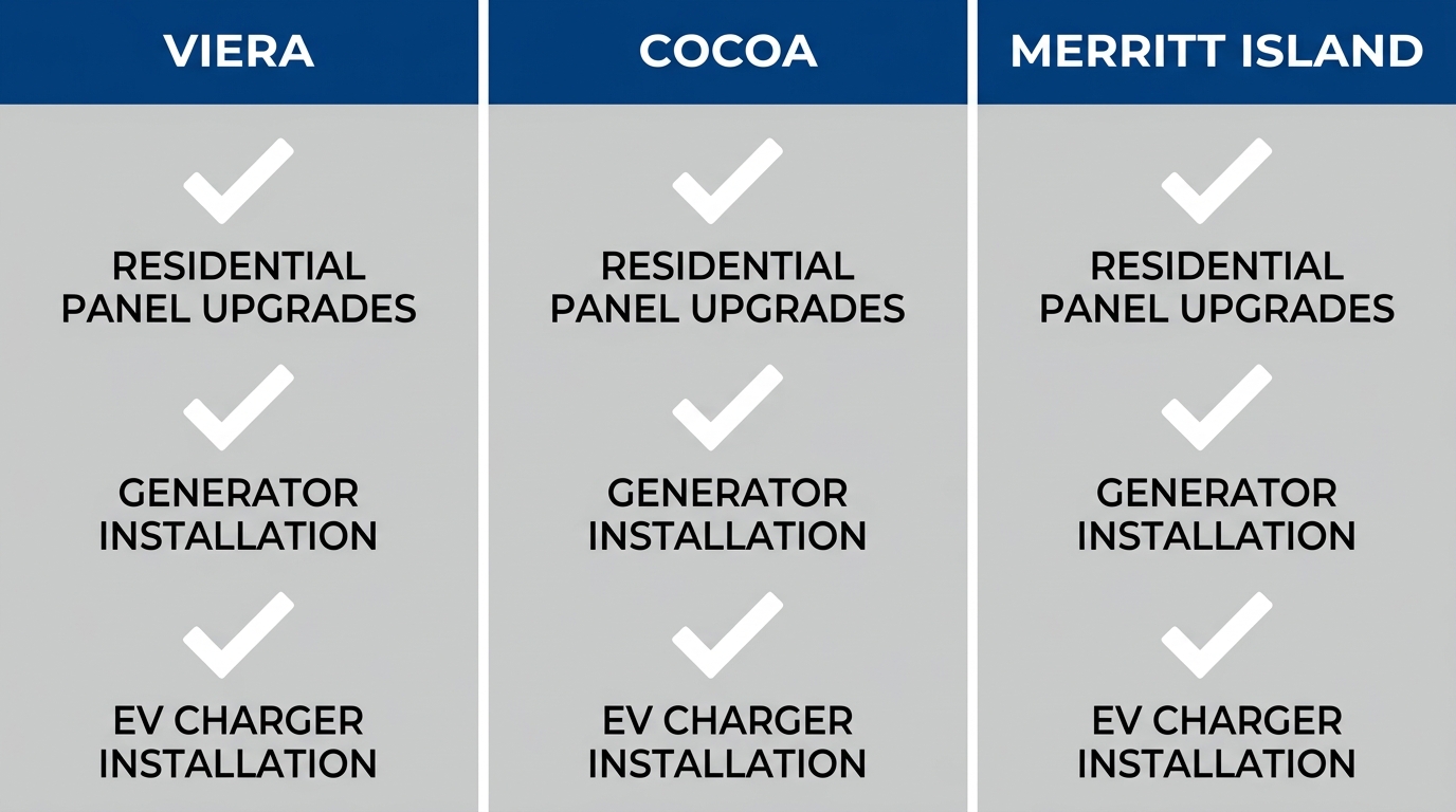 Three-column comparison of electrical services available in Viera, Cocoa, and Merritt Island panels for residential panel upgrades, generator installation, and EV charger installation with check-mark icons.