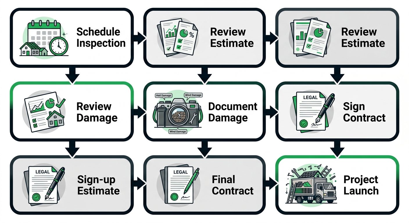 Vertical five-step process flow for starting a roofing project in Northwest Indiana, showing steps with icons and labels.