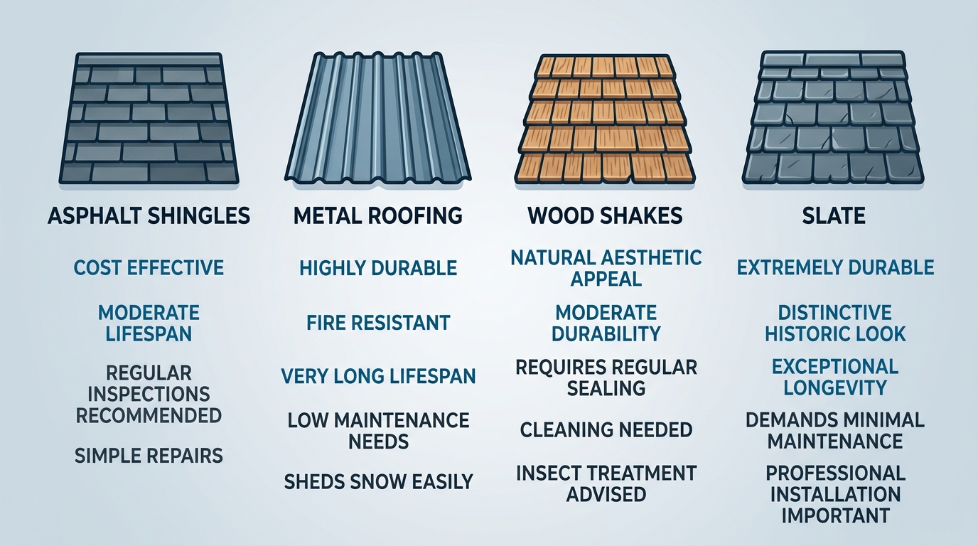 Comparison infographic of four roofing material options for Northwest Indiana homes, featuring asphalt shingles, metal roofing, wood shakes, and slate with qualitative attribute lists and a professional blue and grey color scheme.