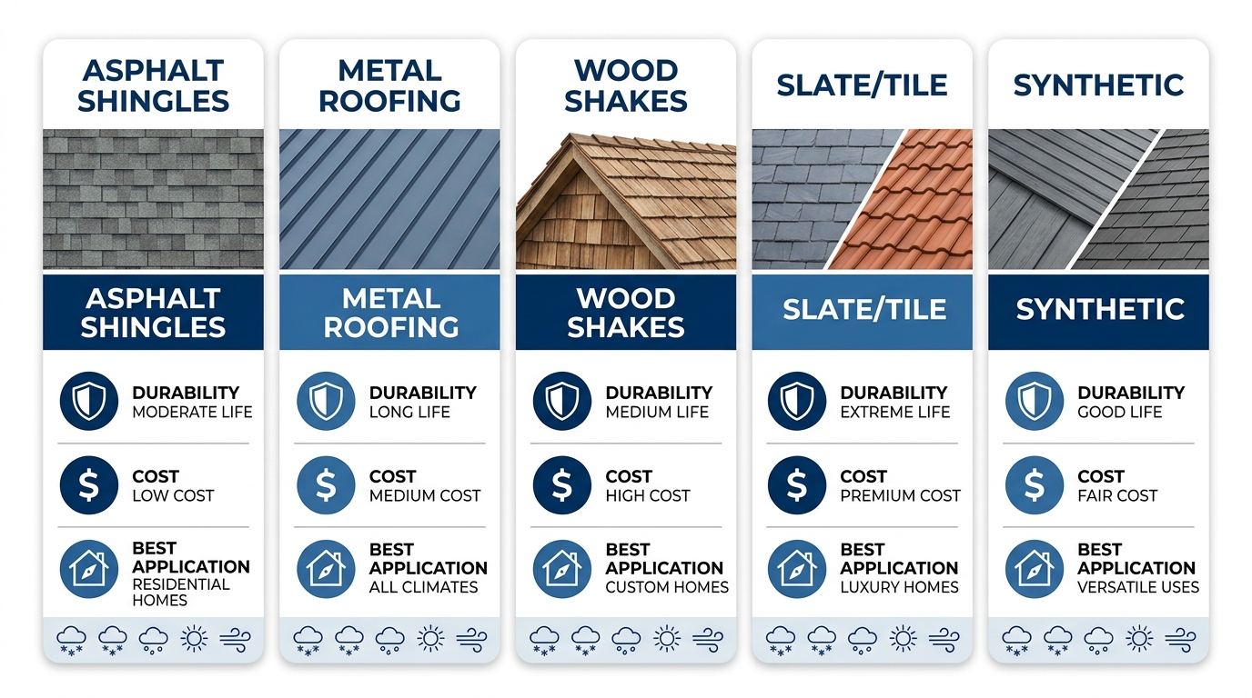 A comparison infographic of five roofing material options: asphalt shingles, metal roofing, wood shakes, slate/tile, and synthetic. Each material is shown with a simple icon and labels for durability, cost, and best application. A weather icon strip shows snow, hail, and wind to connect choices to Northwest Indiana climate. Minimal text labels only.