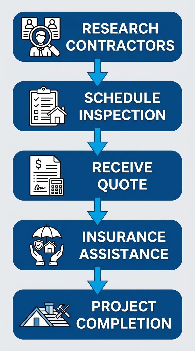 Vertical process flow showing five steps to start a roofing project: research contractors, schedule inspection, receive quote, insurance assistance, and completion.