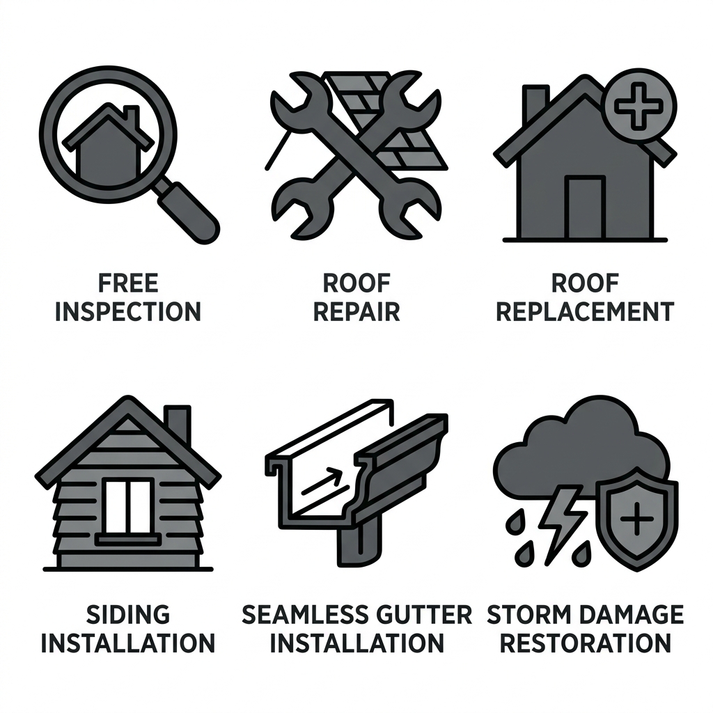 Icon set illustrating Stash Roofing's core services: inspection, repair, replacement, siding, gutters, and storm restoration.