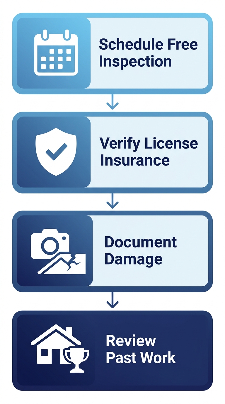Diagram showing four steps to hire a roofing contractor: schedule free inspection, verify license and insurance, document damage, and review past work