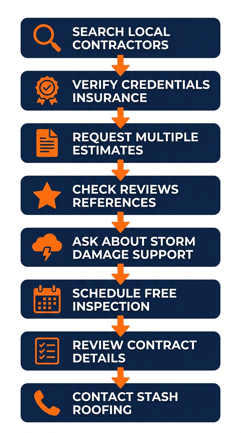 An eight-step vertical process flow diagram for hiring a roofing contractor in Valparaiso, with icons for each step and connecting downward arrows.