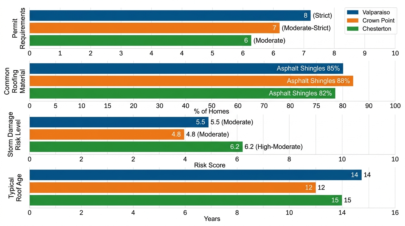 Horizontal grouped bar chart comparing Valparaiso, Crown Point, and Chesterton across roof age, storm damage risk, common material, and permit requirements.