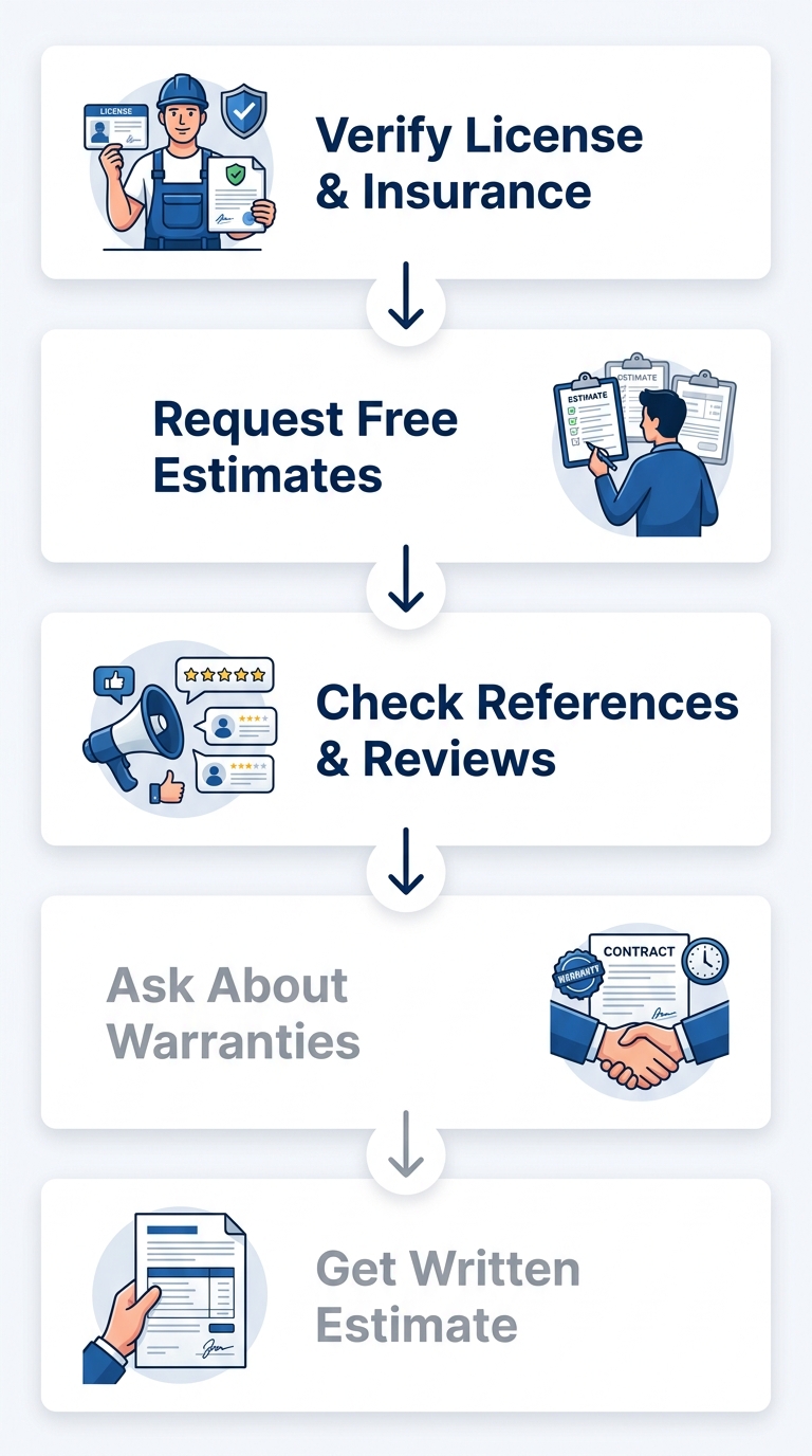 Five-step vertical process flow for hiring a licensed electrician in Viera, showing Verify License & Insurance, Request Free Estimates, Check References & Reviews, Ask About Warranties, and Get Written Estimate stages