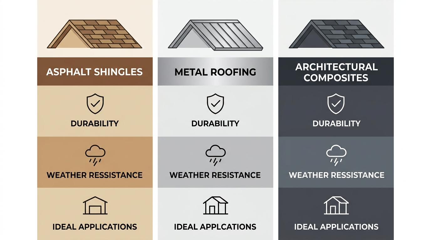 Infographic comparing asphalt shingles, metal roofing, and architectural composites for Portage, Indiana climate with icons for durability and weather resistance