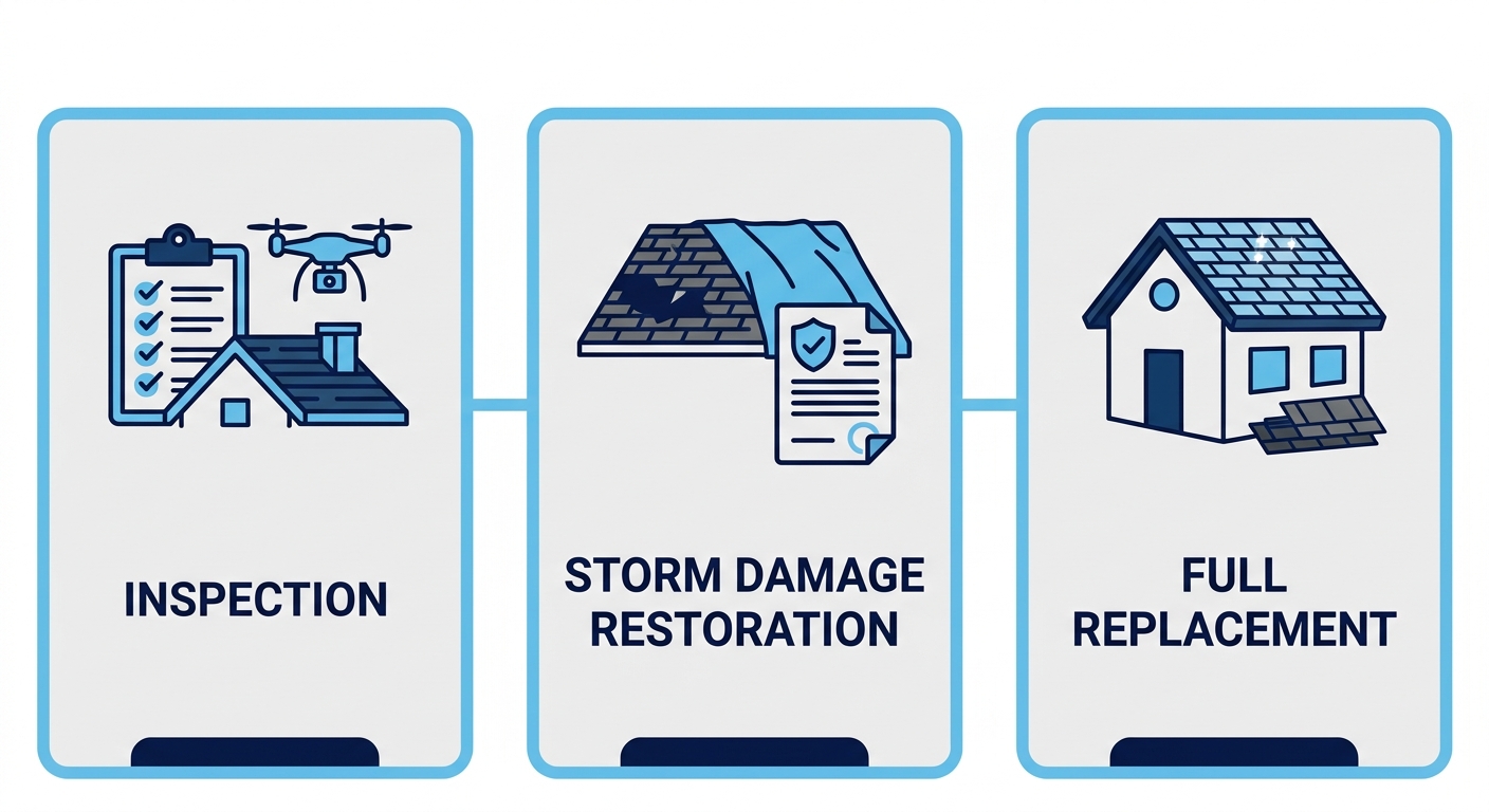 Three steps of roof replacement journey: inspection, storm damage restoration, and full replacement with icons and descriptions.