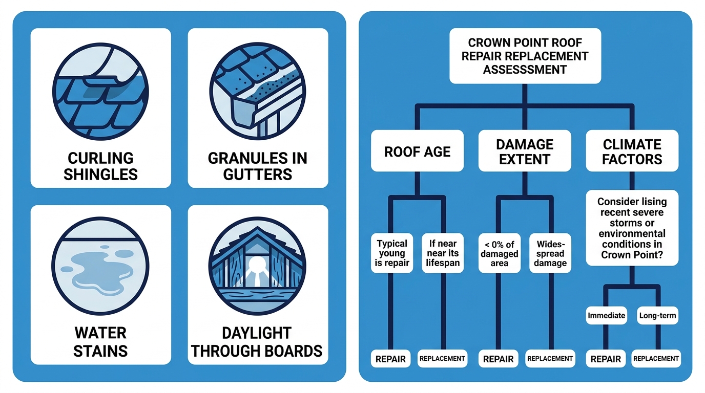 Infographic comparing roof repair versus replacement for Crown Point homeowners