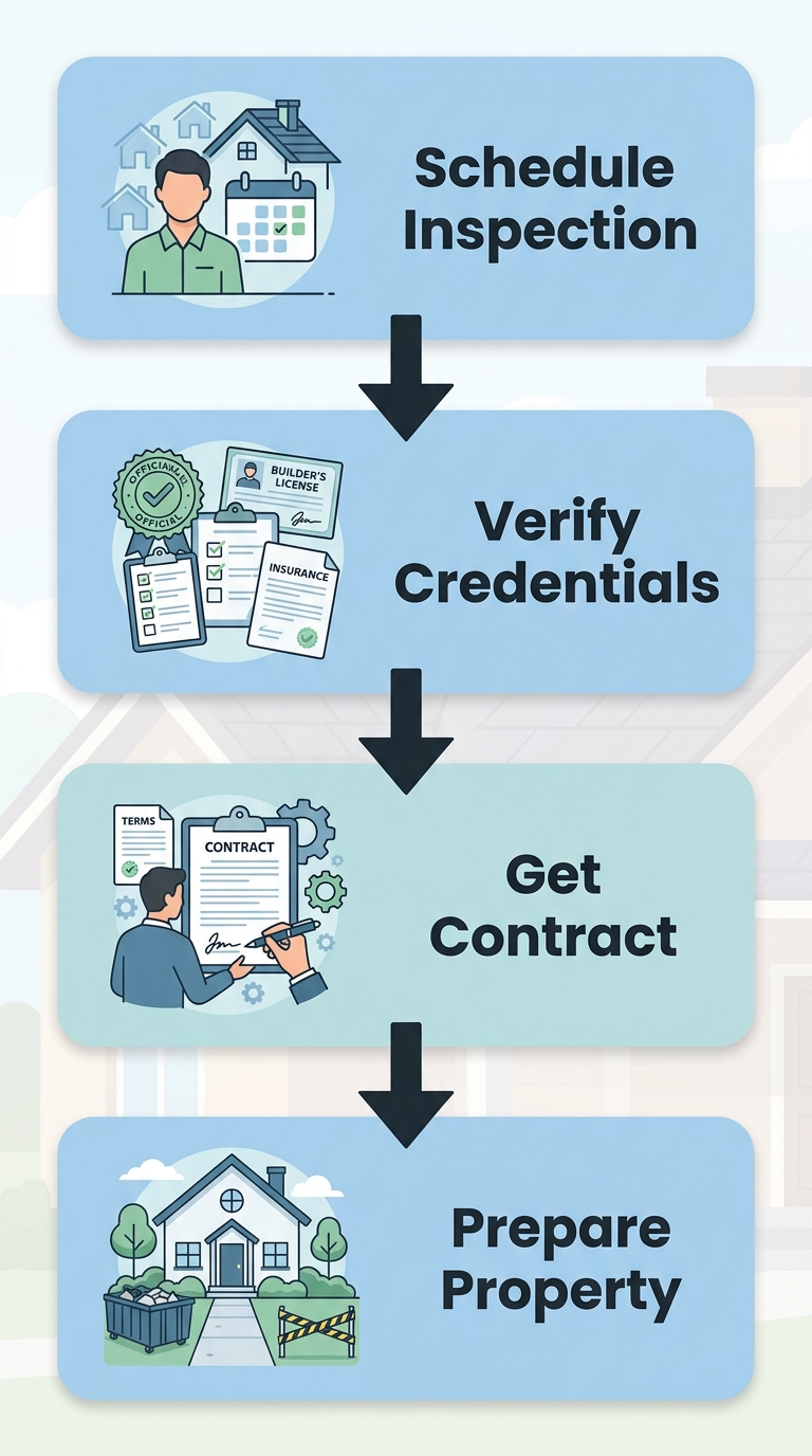 Flow chart outlining four preparation steps for a roof replacement project in Valparaiso