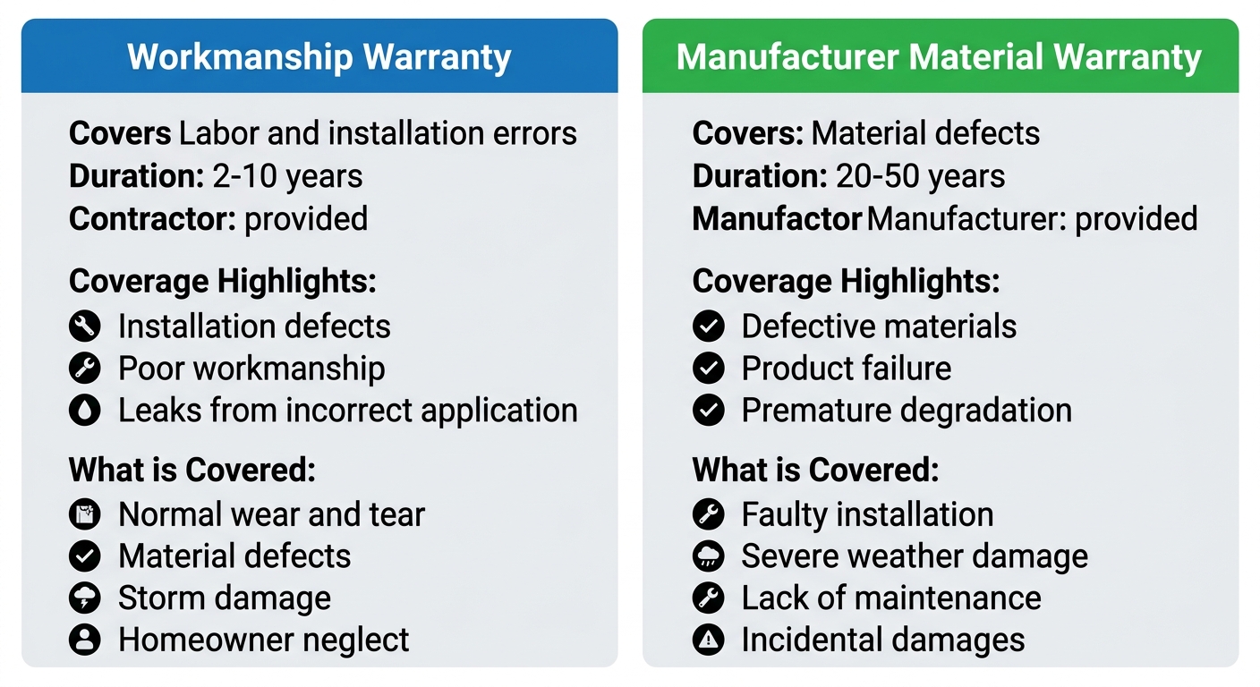 Side-by-side comparison infographic of workmanship and material warranties for Valparaiso homeowners