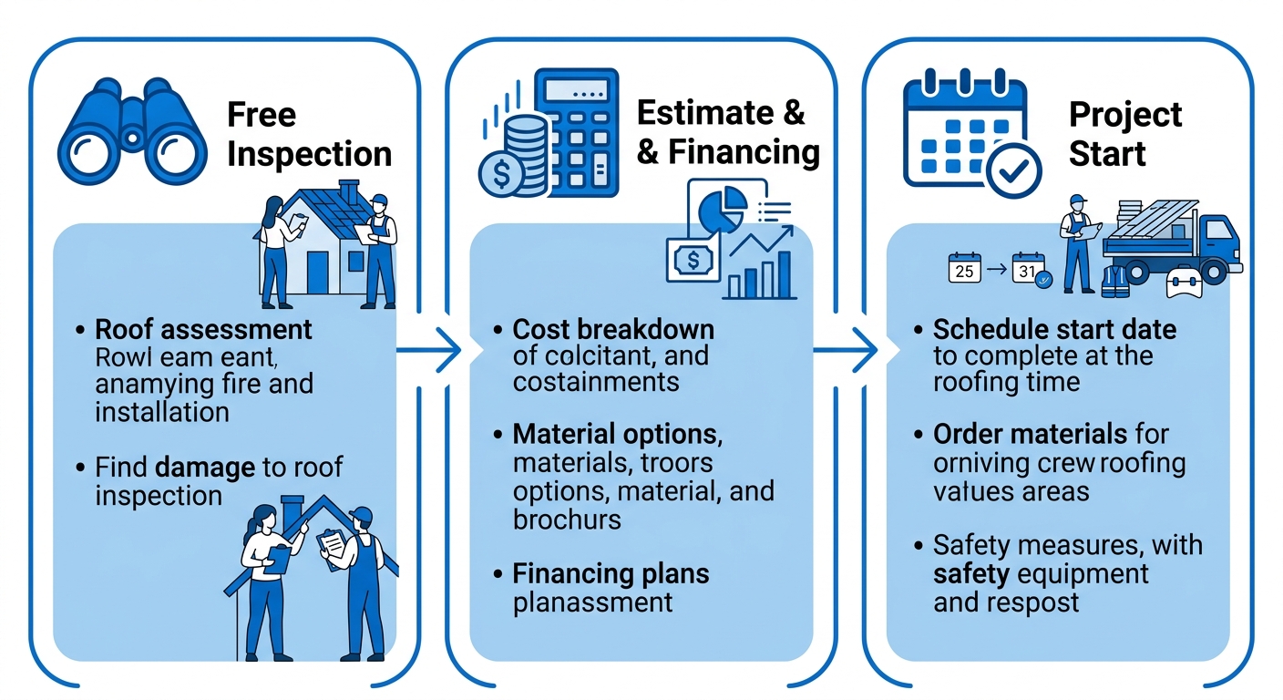 Three-step process for starting a roofing project: Free Inspection, Estimate & Financing, and Project Start with icons and arrows connecting rounded boxes