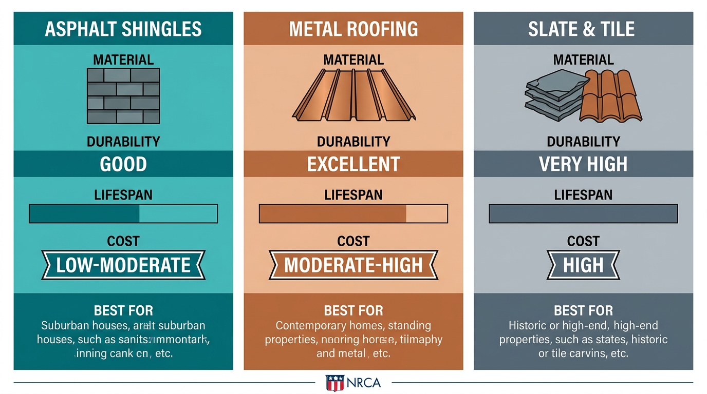 Three-column infographic comparing asphalt shingles, metal roofing, and slate/tile with durability ratings and cost levels.