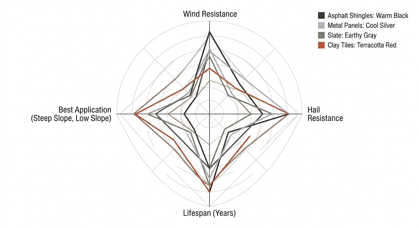 Radar chart comparing asphalt shingles, metal panels, slate, and clay tiles on wind resistance, hail resistance, lifespan, and best application for Valparaiso homes, with clean axes and no title
