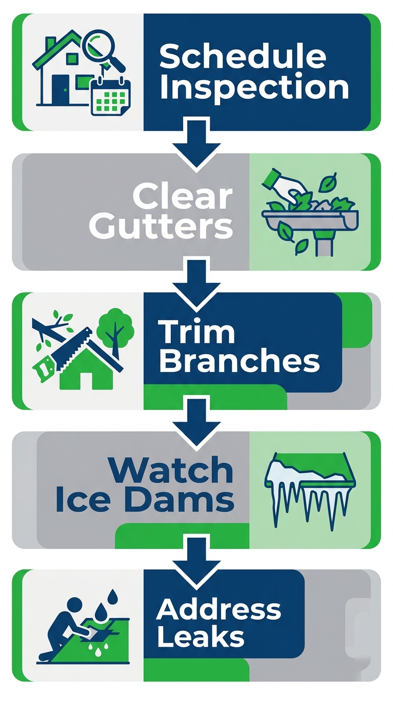 Vertical process flow diagram with five steps to protect a Valparaiso roof, featuring schedule professional inspection, clear gutters, trim branches, watch for ice dams, and address leaks.