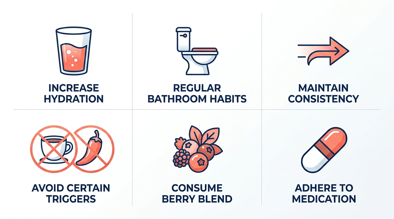 Infographic layout with 6 icons in a 2-column grid showing UTI prevention strategies: Hydrate with water glass, Urinate after sex with toilet icon, Wipe front to back with arrow icon, Avoid bladder irritants with crossed-out coffee cup and chili pepper, Cranberry supplements with berry icon and disclaimer text, Probiotics with capsule icon. Clean modern medical style with coral and navy accents.