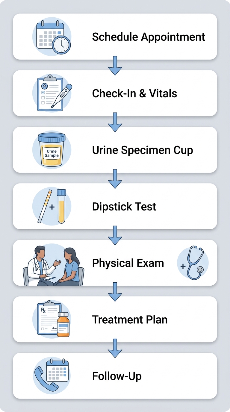 UTI consultation and treatment process flow diagram with seven steps from scheduling through follow-up