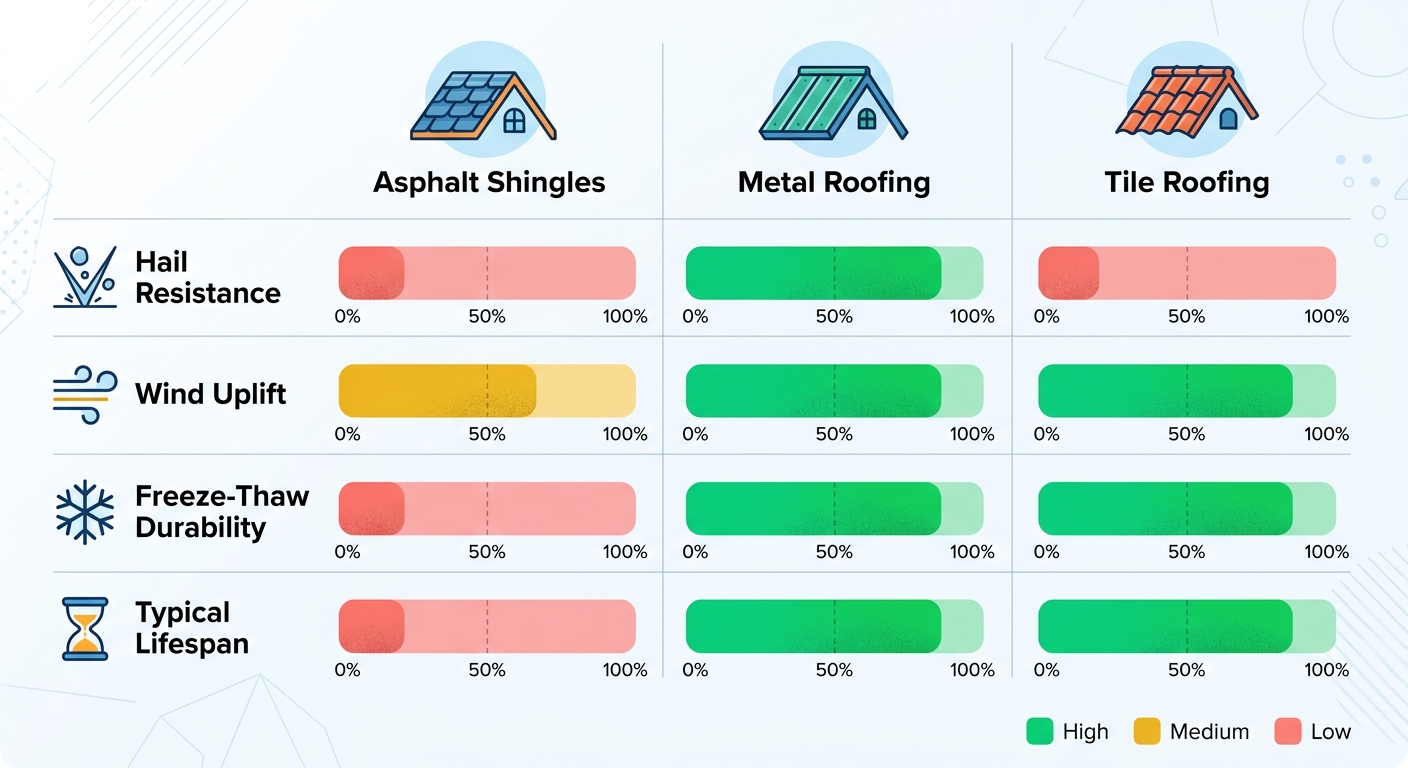 Infographic comparing asphalt shingles, metal roofing, and tile roofing for Portage, Indiana climate conditions