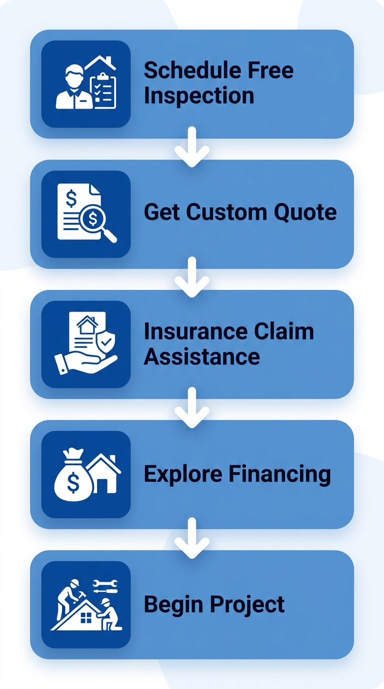 Vertical process flow chart for starting roofing services in Portage, Indiana, with 5 sequential steps: agenda icon for inspection, document for quote, umbrella for insurance, wallet for financing, and hammer for project start.