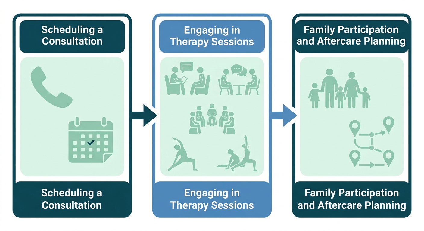 Three stages of drug counseling therapy at Rosewood Recovery: Scheduling a Consultation, Engaging in Therapy Sessions, Family Participation and Aftercare Planning