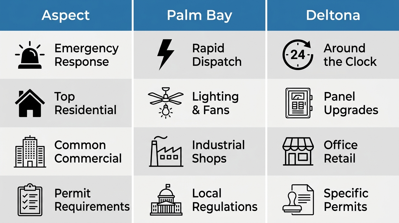 Side-by-side comparison infographic of electrical services in Palm Bay versus Deltona, with three columns for Aspect, Palm Bay, and Deltona, each cell featuring an icon and brief label.