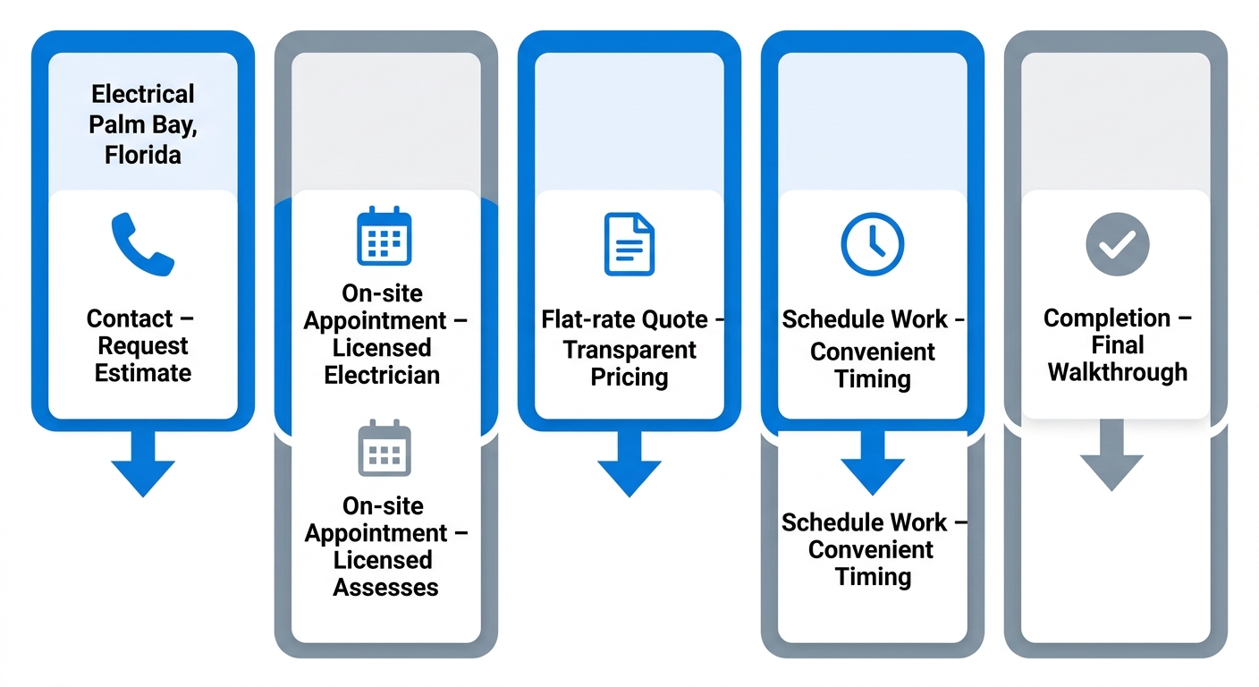 Vertical process flow diagram showing 5 steps for electrical service in Palm Bay, Florida with downward arrows connecting numbered stages