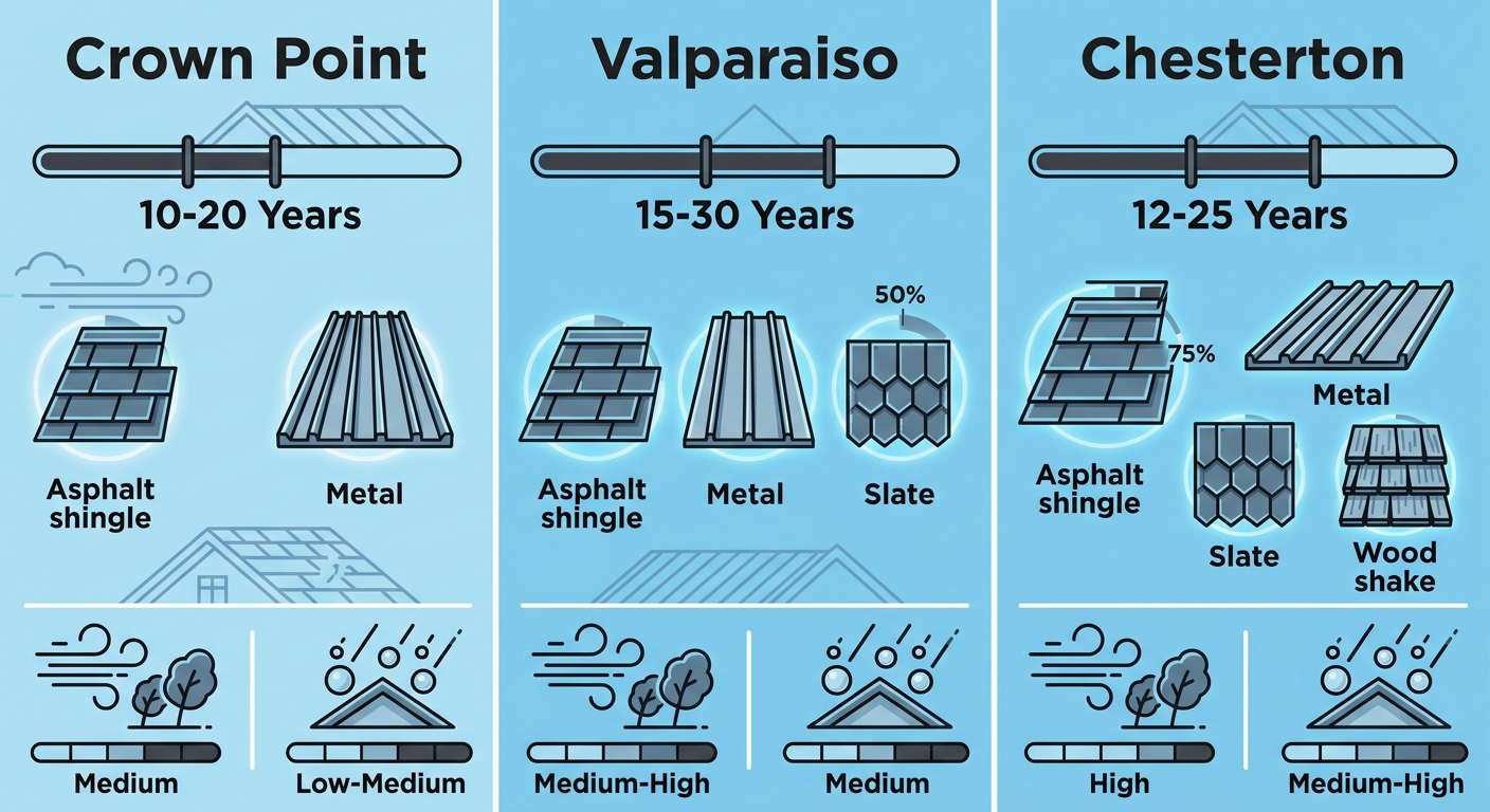 Infographic comparing roofing characteristics across Crown Point, Valparaiso, and Chesterton.