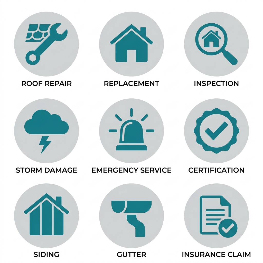 Icon set for residential roofing services including roof repair, replacement, inspection, storm damage restoration, emergency service, certification, siding, gutters, and insurance claim assistance