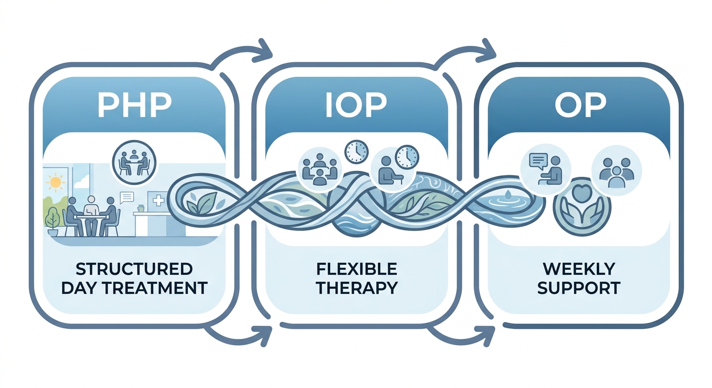 Rosewood Recovery outpatient continuum of care from PHP through IOP to OP represented as a clean healthcare process flow