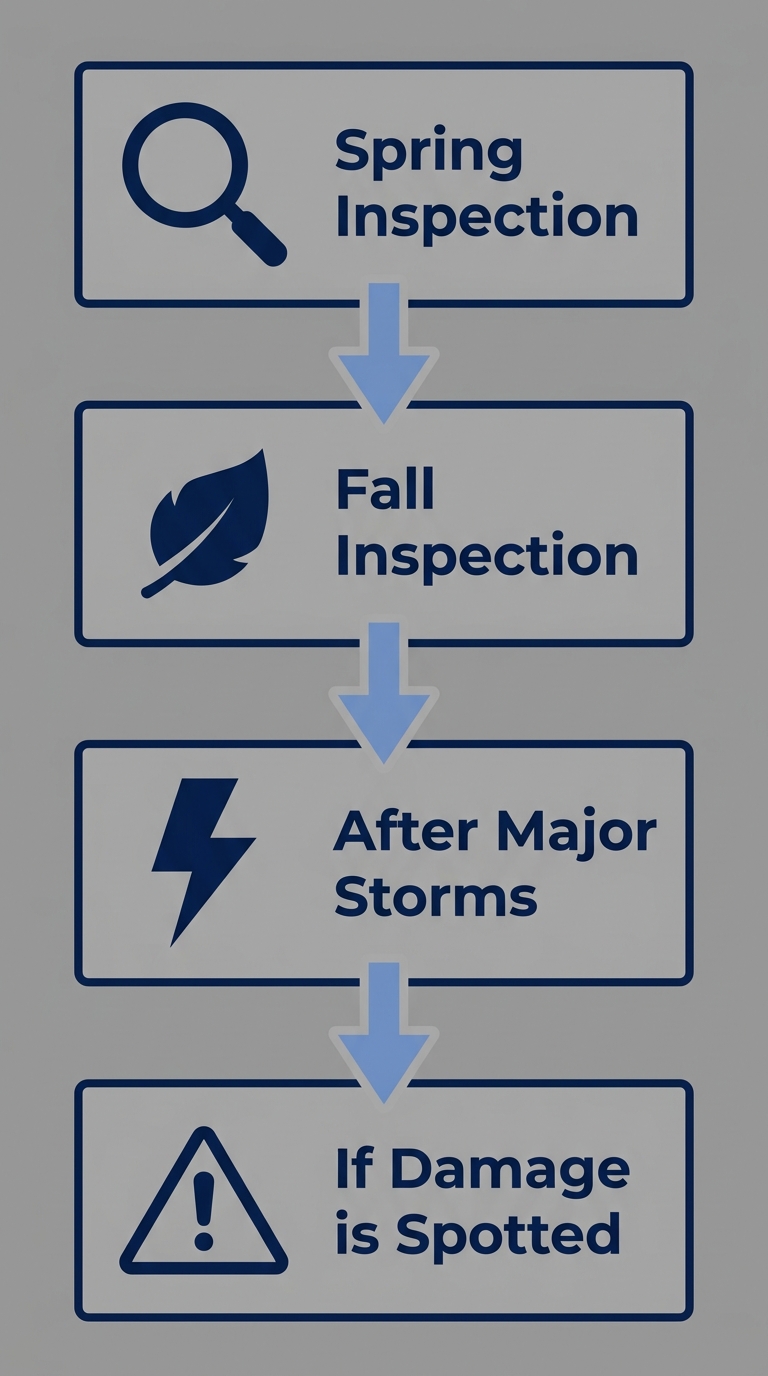 Vertical process flow showing roof inspection schedule for Northwest Indiana homeowners: Spring Inspection, Fall Inspection, After Major Storms, If Damage is Spotted. Each stage connected by downward arrows.