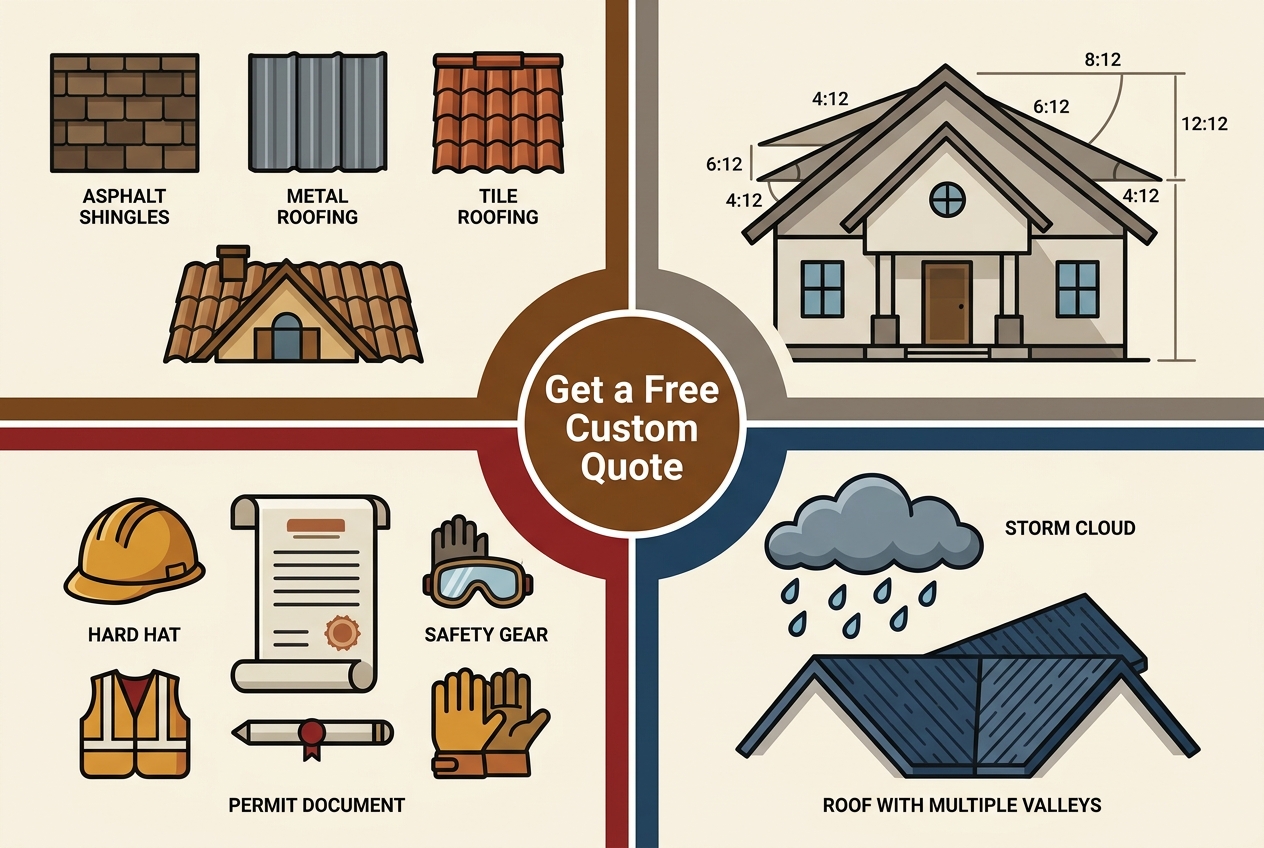 A 4-quadrant infographic breaking down roof replacement cost factors. Top-left quadrant: Material Type with icons for asphalt shingles, metal, and tile. Top-right: Roof Size & Pitch with a house diagram showing pitch angles. Bottom-left: Labor & Permits with a hard hat and permit document icon. Bottom-right: Weather & Complexity with a storm cloud and a roof with multiple valleys. Central text reads Get a Free Custom Quote. Color palette: warm, trustworthy earth tones with contrasting accent colors for each section.