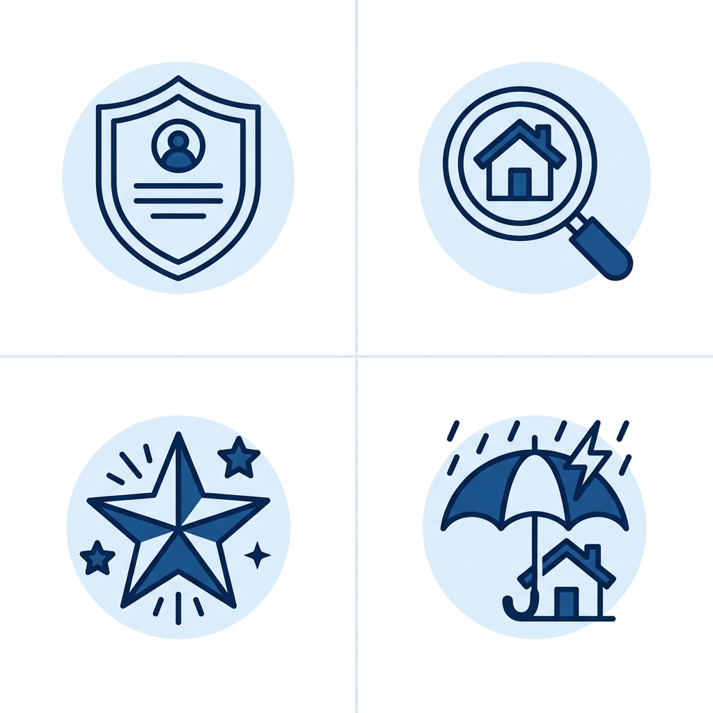 Four icon grid for roofing contractor selection criteria: license shield, local house with magnifying glass, reputation star, storm protection umbrella