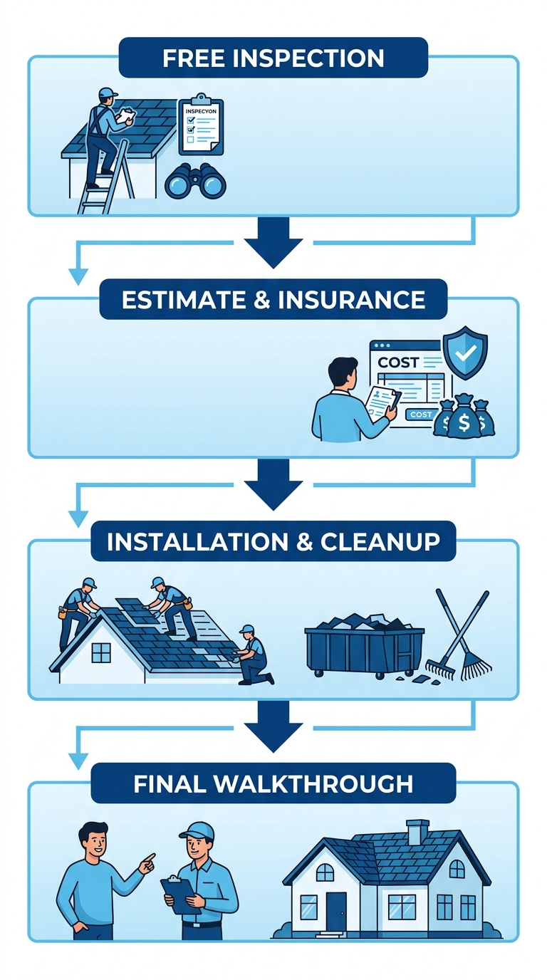 Four-step roofing process: Free Inspection, Detailed Estimate & Insurance Coordination, Professional Installation & Cleanup, Final Walkthrough & Certification, displayed vertically with downward arrows and blue gradient.