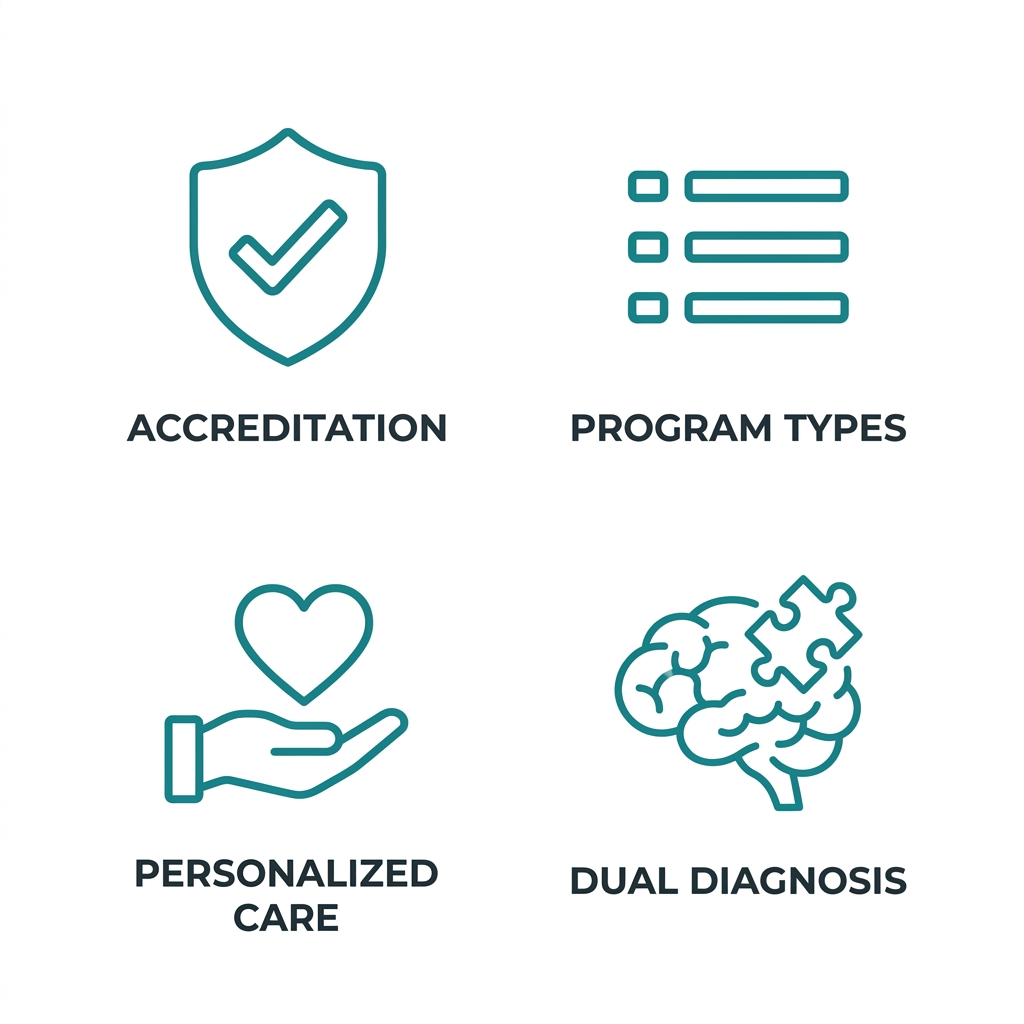 Icon set showing accreditation, program types, personalized care, and dual diagnosis symbols for addiction treatment evaluation criteria