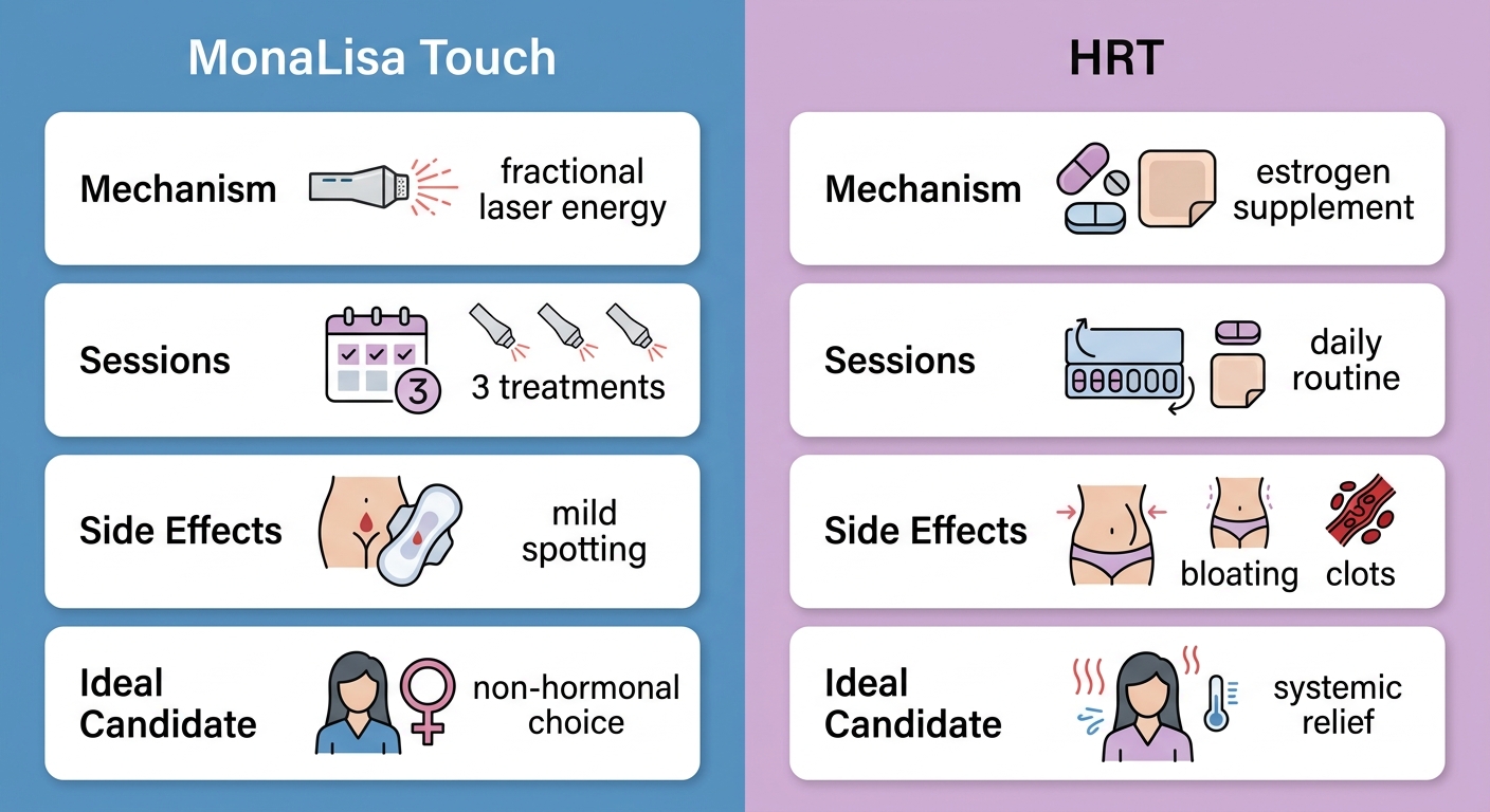 Detailed comparative infographic of MonaLisa Touch versus Hormone Replacement Therapy for vaginal rejuvenation.