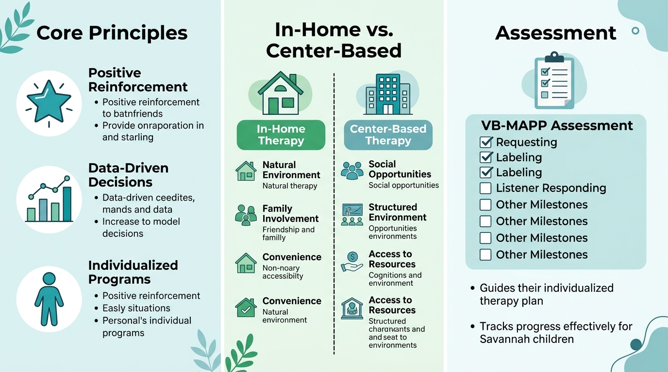 Three-panel infographic showing ABA therapy fundamentals with core principles icons, in-home vs center-based comparison, and assessment checklist