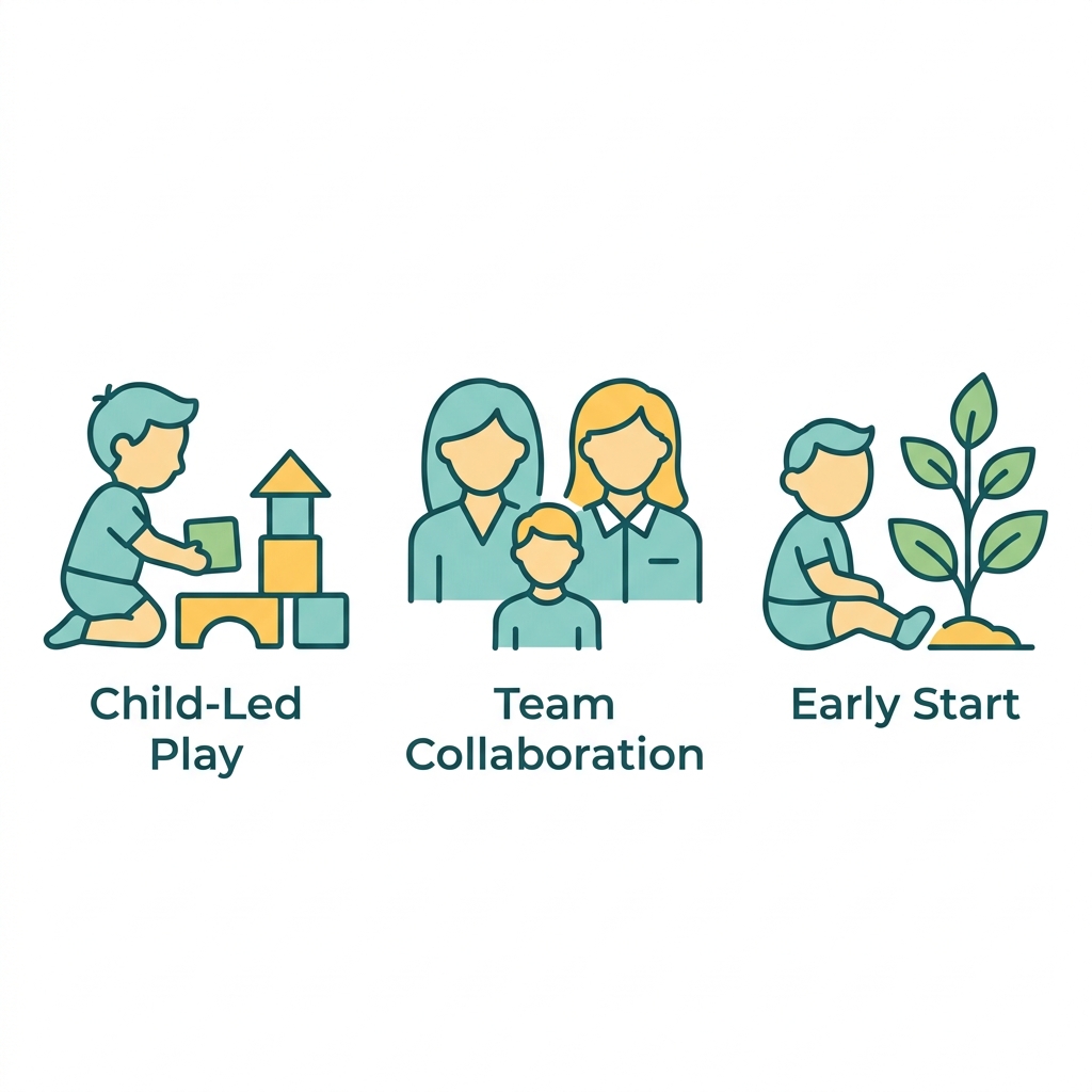 Set of three icons representing child-led play therapy with blocks, caregiver training with parent and teacher figures, and early intervention with a growing plant beside a child, labeled in clean sans-serif text.