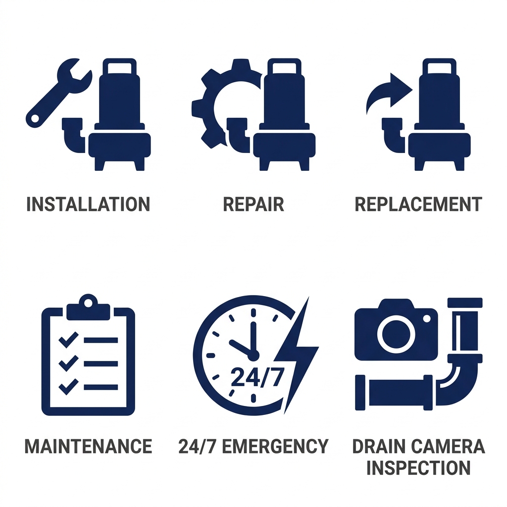 Six flat navy blue icons in a 2x3 grid on a white background with dark gray labels, representing sump pump services: Installation, Repair, Replacement, Maintenance, 24/7 Emergency, and Drain Camera Inspection at Sanders Plumbing Company in Knoxville.