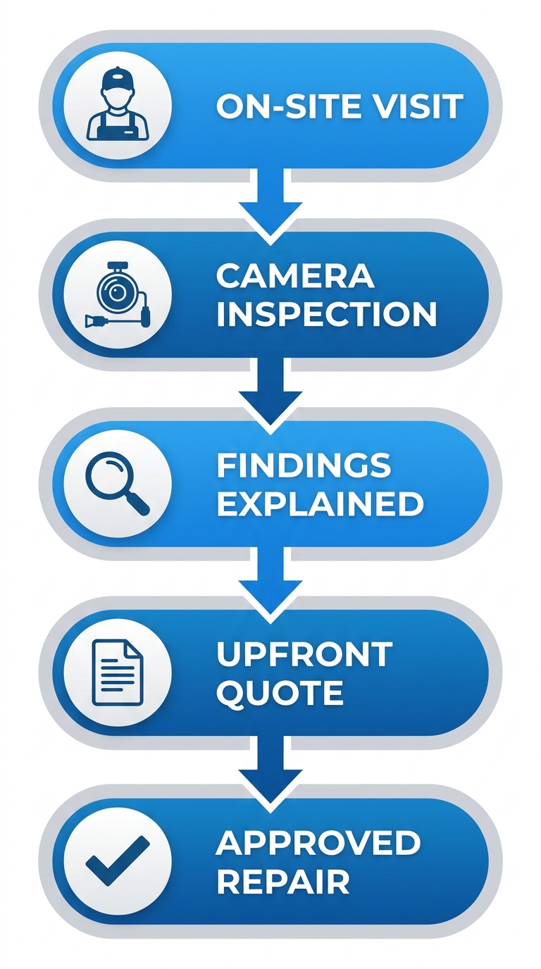 Vertical process flow showing five steps of Sanders Plumbing's diagnostic approach: On-Site Visit, Camera Inspection, Findings Explained, Upfront Quote, and Approved Repair, with icons and gradient blue styling.