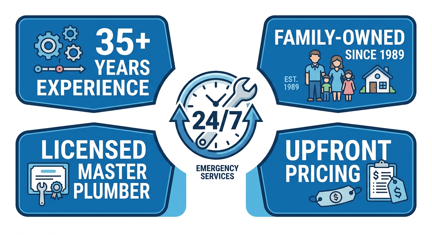 Infographic showing four badges around a 24/7 clock icon representing emergency plumbing services: 35+ years experience, family-owned since 1989, licensed master plumber, and upfront pricing.