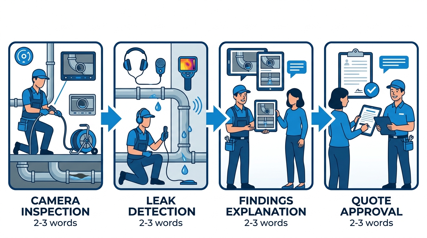 Process flow diagram showing four stages of Sanders Plumbing diagnostic service: camera inspection, leak detection, findings explanation, and quote approval, arranged horizontally with blue connecting arrows.