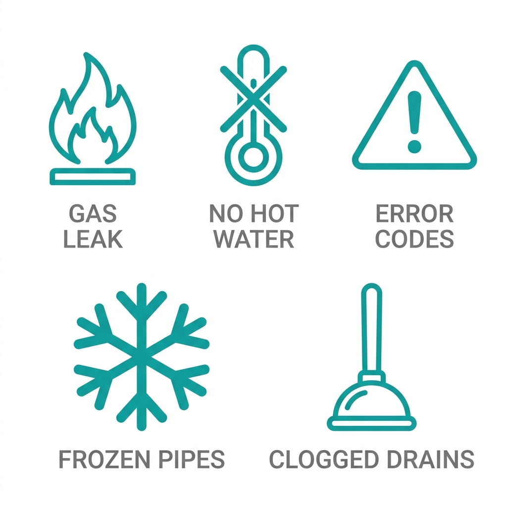 Five outline icons representing common plumbing emergencies: gas leak flame, no hot water thermometer with X, error codes warning triangle, frozen pipes snowflake, and clogged drains plunger. Each icon has a gray text label beneath on a white background.