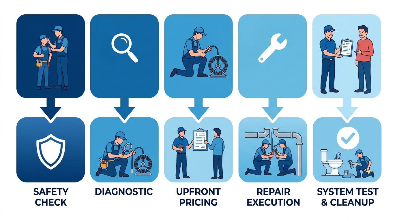 Vertical process-flow diagram showing five stages of plumbing service arrival: safety check, diagnostic, upfront pricing, repair execution, and system test and cleanup, with icons and connecting arrows on a clean white background.