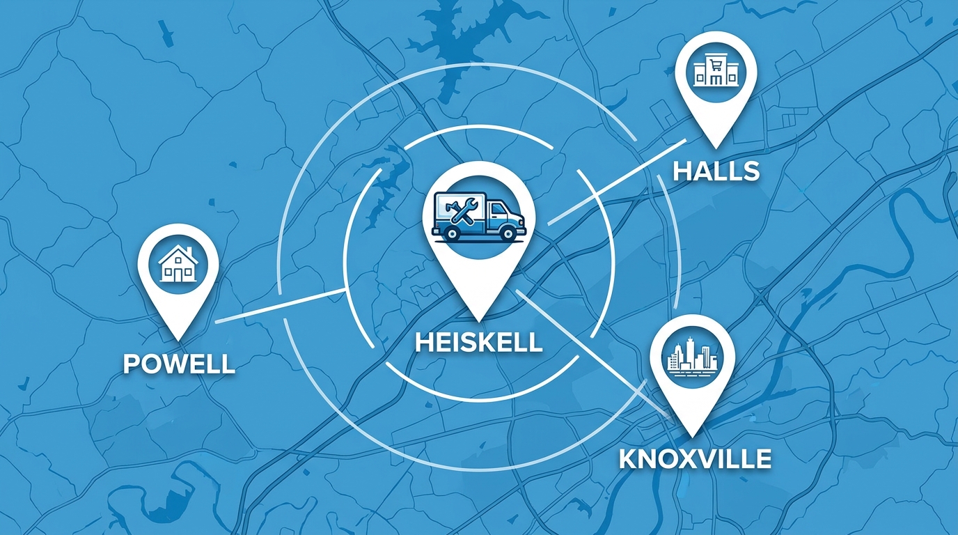Service area coverage map for Sanders Plumbing highlighting Heiskell, Knoxville, Powell, and Halls with a central plumbing truck icon.