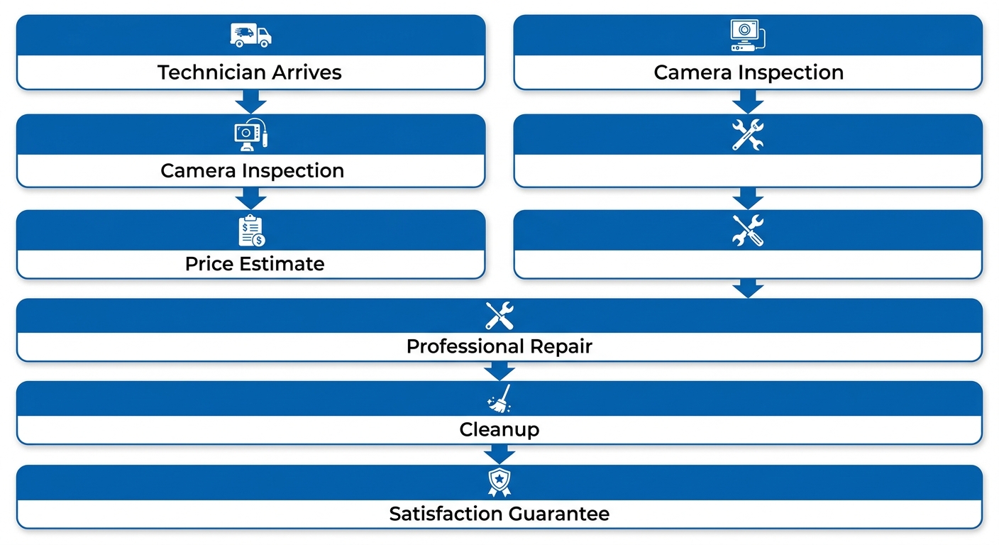 Vertical process flow showing six steps of Sanders Plumbing drain service: technician arrival, camera inspection, price estimate, professional repair, cleanup, and satisfaction guarantee, with blue and white icons and labels.