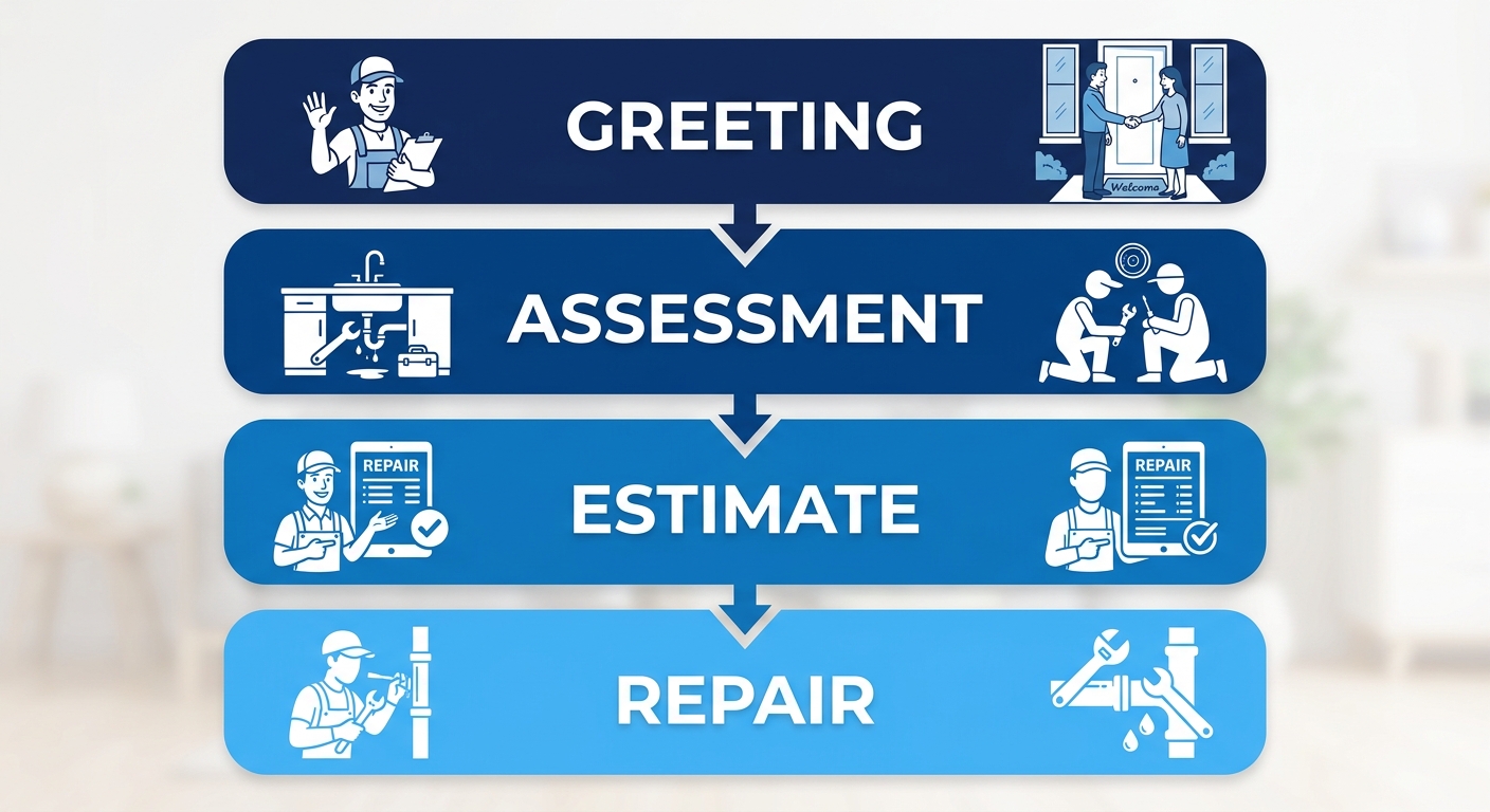 Vertical process diagram showing four steps: greeting, assessment, transparent estimate, and immediate repair, with blue rounded rectangles and white icons connected by arrows for Sanders Plumbing.
