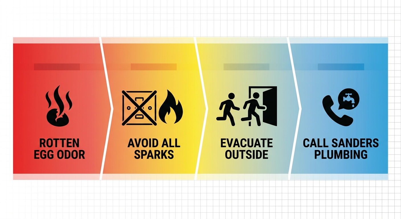 Four-panel emergency gas leak response process flow showing signs recognition, avoiding sparks, evacuation, and calling Sanders Plumbing for professional help.